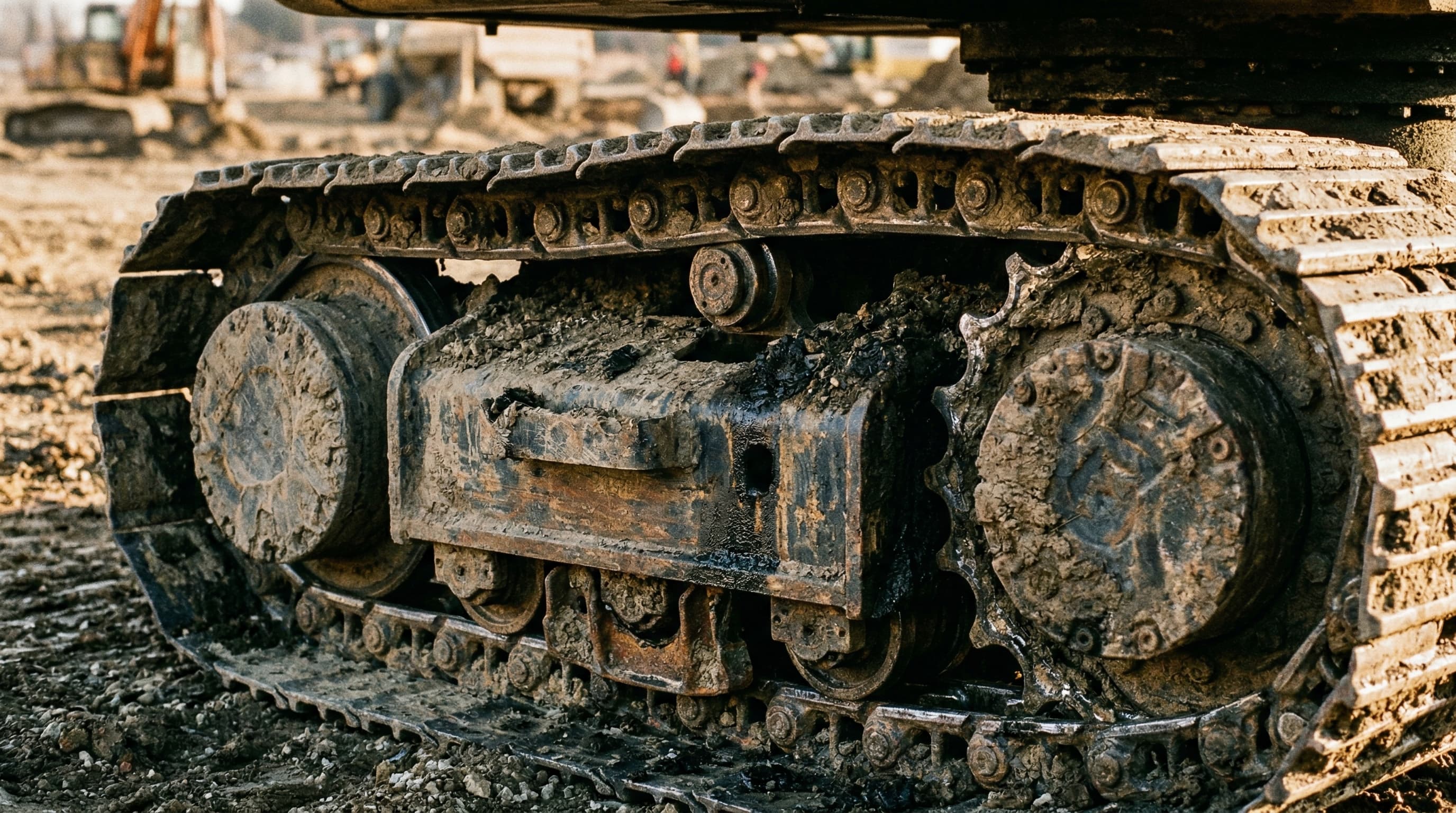 Close-up of heavy equipment undercarriage showing track chain, sprocket, rollers, and idler covered in dirt and grease at a construction site