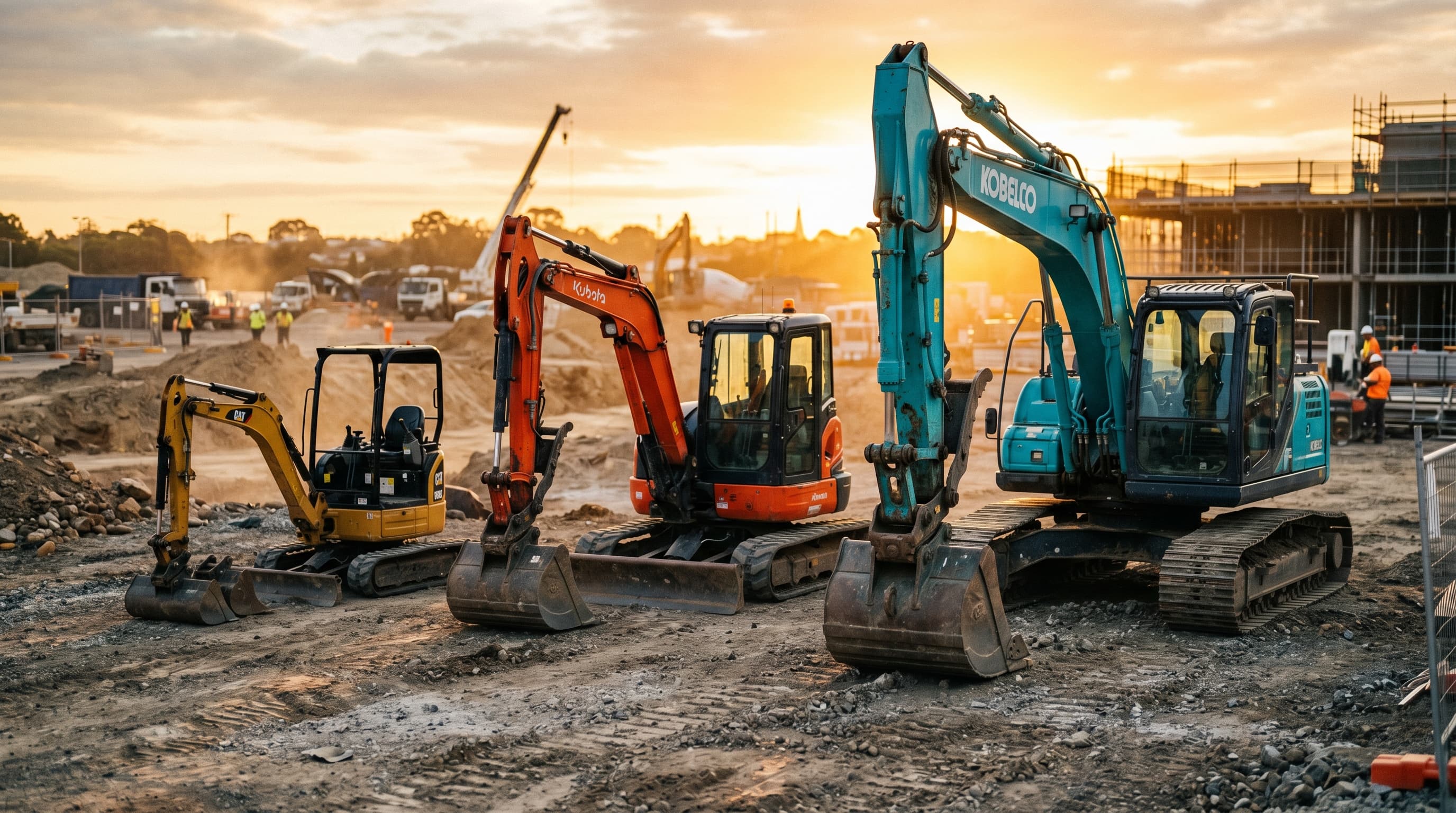 Mini, midi, and full-size excavators lined up side by side showing size progression for matching machine class to job type and acreage