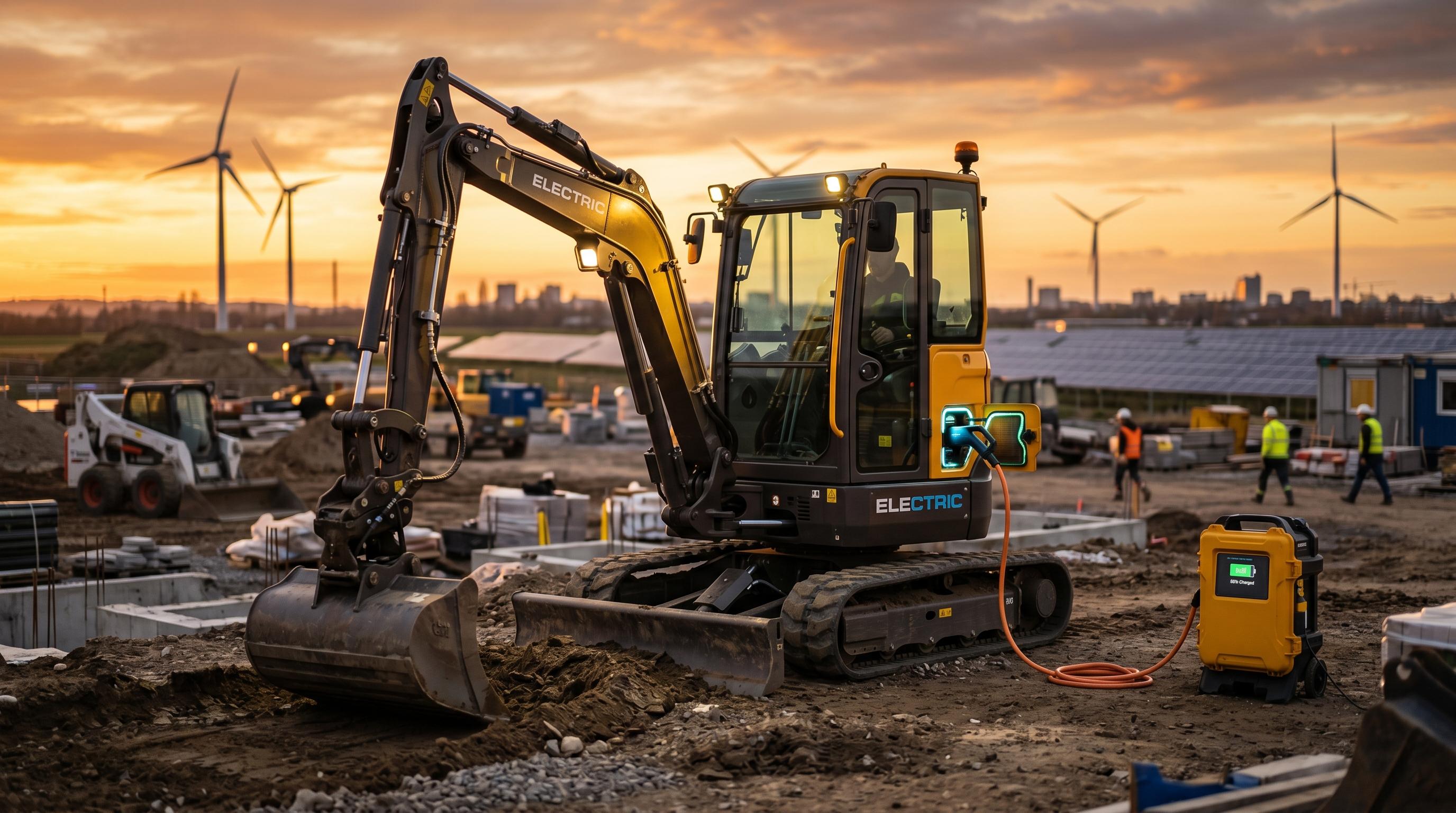 Battery-electric construction excavator at a 2026 job site, charging cable plugged in, showing the new wave of zero-emission heavy equipment